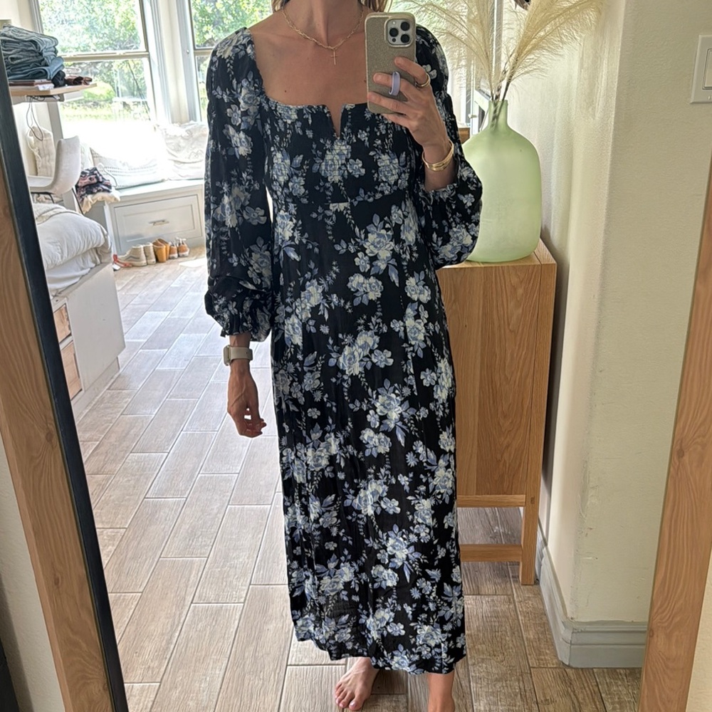 Free People Navy Blue and White Bishop Sleeve Sundress
